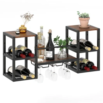 Costway Heavy-duty Wall Mounted Wine Rack With Glass Holder Metal Frame 8-bottle Holder-rustic Brown