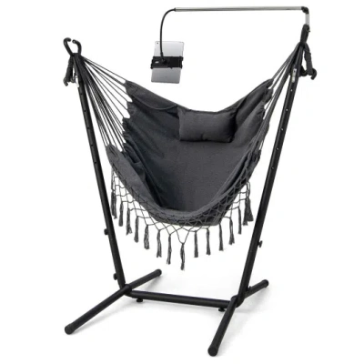 Costway Height Adjustable Hammock Chair With Phone Holder And Side Pocket-gray In Black