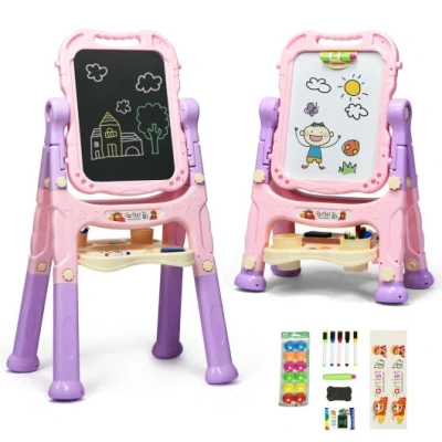 Costway Height Adjustable Kids Art Easel Magnetic Double Sided Board-pink In Multi