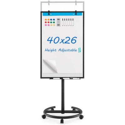 Costway Height-adjustable Mobile Whiteboard With Round Stand Paper Clips-black In Gray