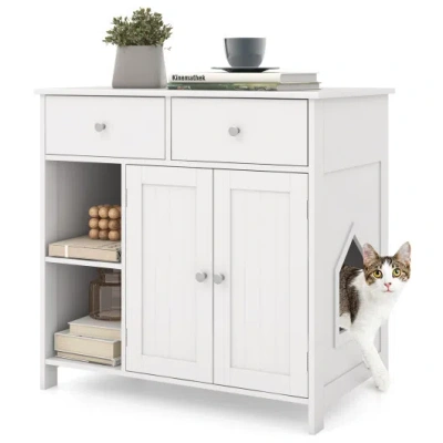 Costway Hidden Cat Washroom Side Cabinet Wooden Pet House With 2 Drawers-white
