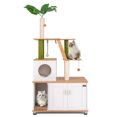 Costway Hidden Cat Washroom With Cat Tower For Indoor Cats-white In Multi