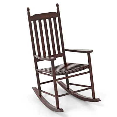 Costway High-back Acacia Wood Outdoor Rocking Chair With Solid Rocking Base-brown In Multi