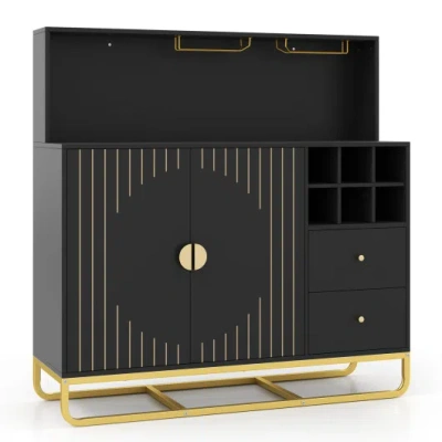 Costway Home Bar Cabinet With Wine Rack Glass Holder And Adjustable Shelf-black