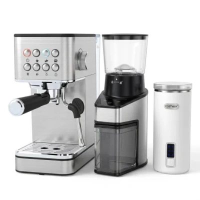 Costway Home Espresso Coffee Station Set With Espresso Machine Grinder And Milk Frother In Silver