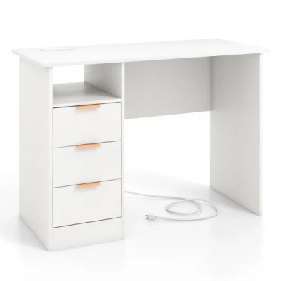 Costway Home Office Desk With Power Outlet 3 Storage Drawers And Open Compartment-white