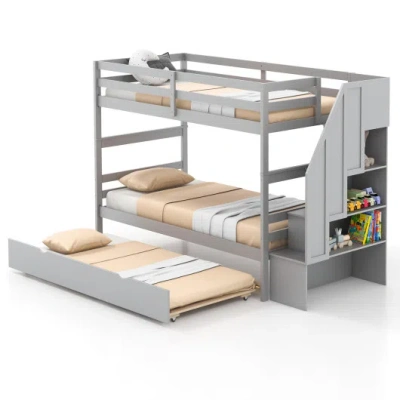Costway Home Wood Bunk Bed With Guard Rail And 4-step Storage Stairs No Box Spring Needed-gray