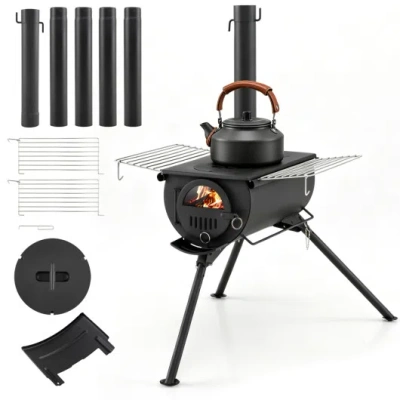 Costway Hot Tent Stove With Chimney Pipes And Foldable Legs For Outdoor Heating-black In Multi