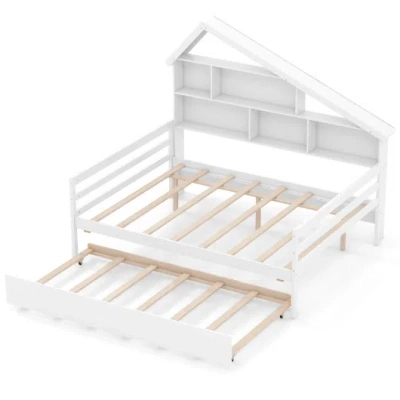 Costway House-shaped Full Size Daybed With Twin Size Trundle-white