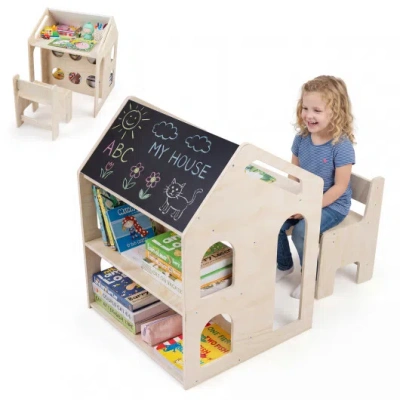 Costway House-shaped Wooden Activity Kids Table Chair Set-natural In Neutral