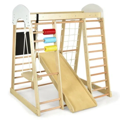 Costway Indoor Playground Climbing Gym Wooden 8-in-1 Climber Playset For Children-natural In Neutral