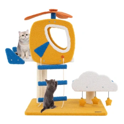 Costway Indoor Small Aviation-themed Cat Tree Cat Tower With Helicopter Top Perch-yellow In Orange