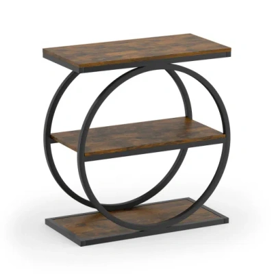 Costway Industrial Faux Marble Side Table With Metal Frame For Living Room Bedroom-rustic Brown