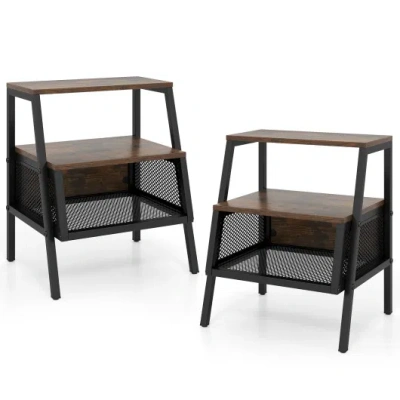 Costway Industrial Nightstand 3-tier End Table Set Of 2 With 2 Open Shelves And Metal Mesh Compartment-rusti In Black