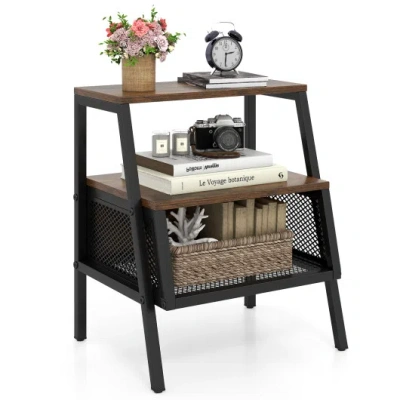 Costway Industrial Nightstand 3-tier End Table With 2 Open Shelves And Metal Mesh Compartment-rustic Brown In Black