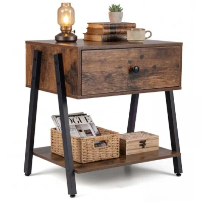 Costway Industrial Nightstand With Drawer And Adjustable Foot Pads For Bedroom-rustic Brown