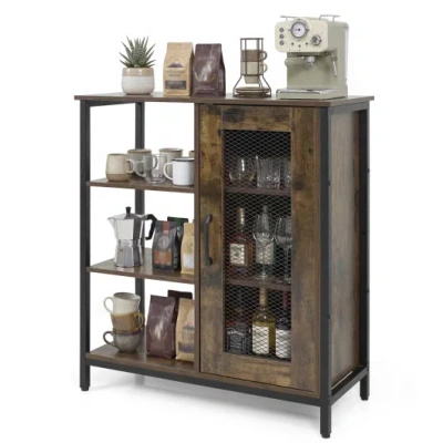 Costway Industrial Side Cabinet With Metal Mesh Door And 3 Open Shelves-rustic Brown