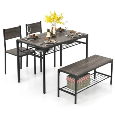 Costway Industrial Style Rectangular Kitchen Table With Bench And Chairs-gray In Brown