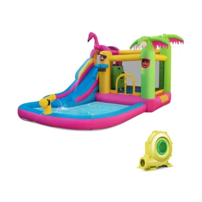 Costway Inflatable Bounce Castle With Long Water Slide And 735w Blower In Animal Print