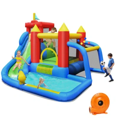 Costway Inflatable Bounce House Splash Pool With Water Climb Slide Blower Included In Animal Print