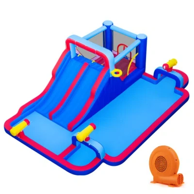 Costway Inflatable Bounce House With 2 Water Slides And 3 Water Cannons With 680w Blower In Blue