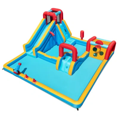 Costway Inflatable Double Water Slide Park 9-in-1 Giant Bounce House Blower Excluded In Blue