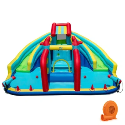 Costway Inflatable Double Water Slide Park With 750w Blower And Obstacle Course In Black