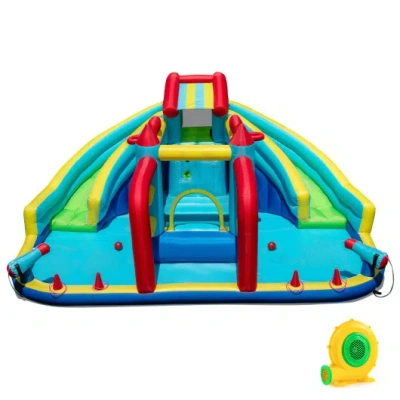 Costway Inflatable Double Water Slide Park With Obstacle Course And 680w Blower In Multi