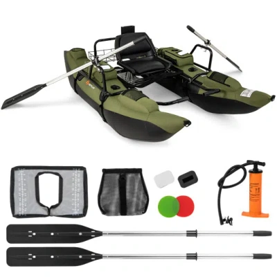 Costway Inflatable Fishing Float Tube With Foldable Padded Seat And Adjustable Footrest-green In Multi