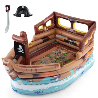 Costway Inflatable Pirate Ship Playhouse With Built-in Motor And Inflatable Toy Sword-brown In Multi