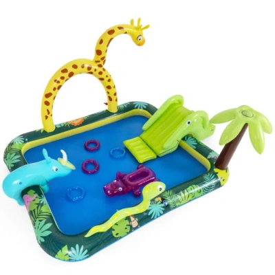 Costway Inflatable Play Center Jungle Animal Spray Pool With Slide Giraffe-shaped Sprinkle In Green