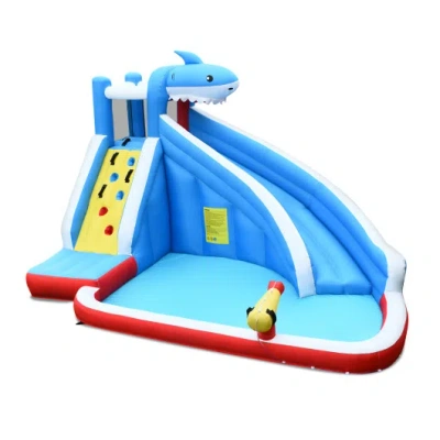 Costway Inflatable Shark Bounce House With Water Slide And Climbing Wall Without Blower In Blue