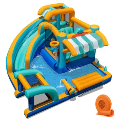 Costway Inflatable Water Slide Bounce House Kids Jump Castle With 750w Blower In Blue