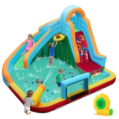Costway Inflatable Water Slide Park 6-in-1 Giant Bounce House With Long Slide Splash Pool Climbing Wall In Multi