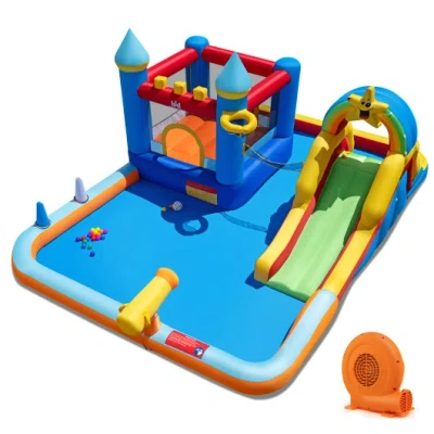 Costway Inflatable Water Slide Park Bouncy Castle With Climbing Wall With 750w Blower In Multi