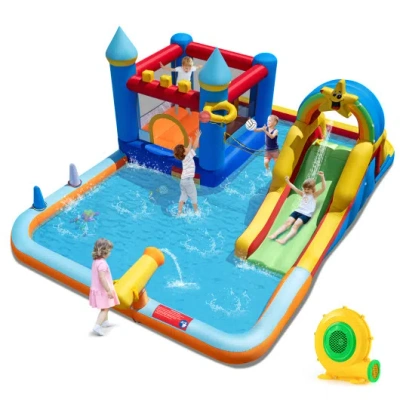 Costway Inflatable Water Slide Park Bouncy Castle With Climbing Wall With Blower In Blue