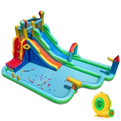 Costway Inflatable Water Slide Park Giant Bounce House With 950w Blower In Blue