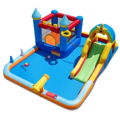 Costway Inflatable Water Slide Park With Climbing Wall And Splash Pool In Blue