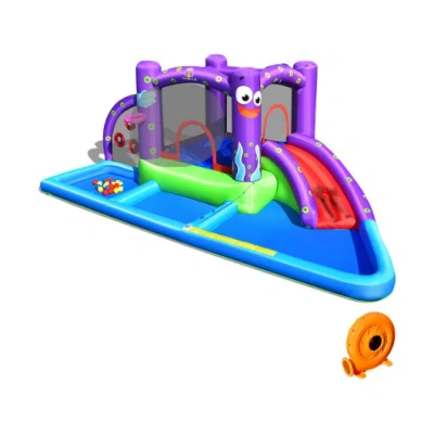 Costway Inflatable Water Slide Park With Splash Pool And 750w Blower In Multi