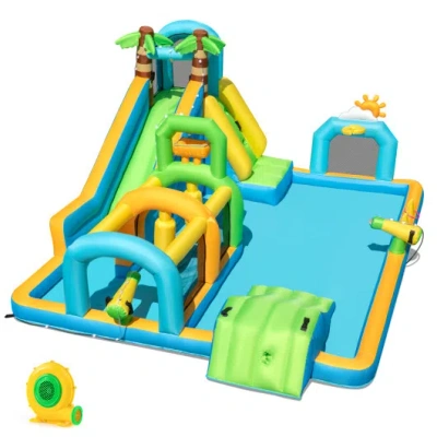 Costway Inflatable Water Slide Tropical Theme Dual Slide Aqua Park With 680w Blower In Multi