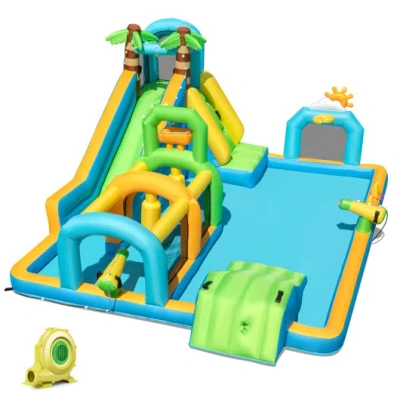 Costway Inflatable Water Slide Tropical Theme Dual Slide Aqua Park With 735w Blower In Multi