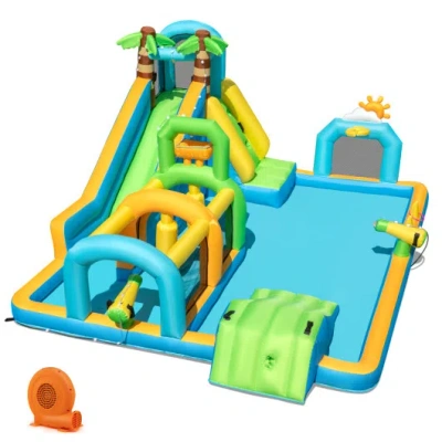 Costway Inflatable Water Slide Tropical Theme Dual Slide Aqua Park With 750w Blower In Multi