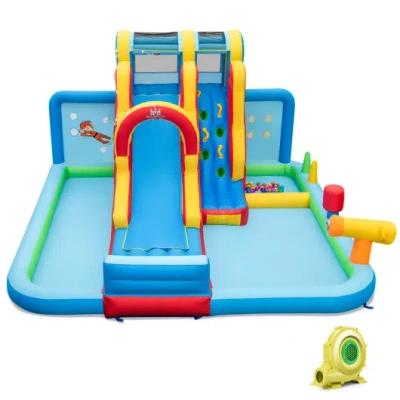 Costway Inflatable Water Slide Water Park With Long Slide And Splash Pools And Ball Pit With 735w Blower In Blue