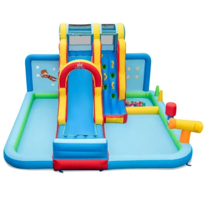 Costway Inflatable Water Slide Water Park With Long Slide And Splash Pools And Ball Pit Without Blower In Blue