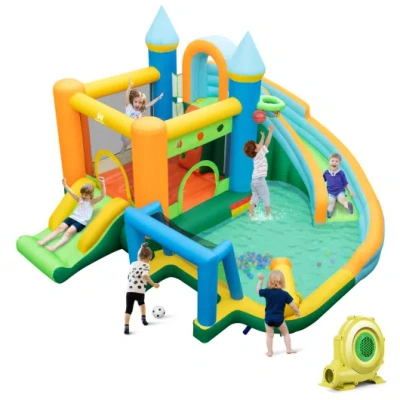 Costway Inflatable Water Slide With Dual Slides And Splash Pool Bounce House With 735w Blower In Animal Print