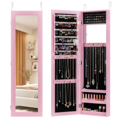 Costway Jewelry Cabinet Wall Or Door Mounted Jewelry Armoire Modern Hanging Jewelry Organizer-pink In Multi