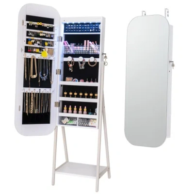 Costway Jewelry Cabinet With Full-length Mirror Large Storage Capacity-white In Red