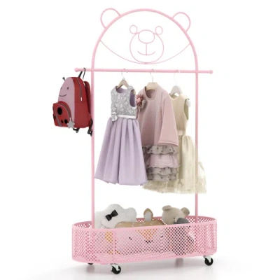 Costway Kid Clothes Rack With 3 Adjustable Heights And Wheels-pink In Multi