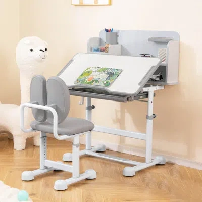 Costway Kid's Study Desk & Chair Set With Tilt Desktop, Pen Holder & Tray, Reading Stand Pink In Gray