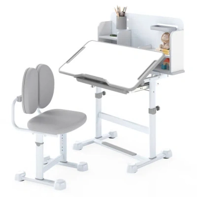 Costway Kid's Study Desk And With Tilt Desktop And Pen Holder-gray In White
